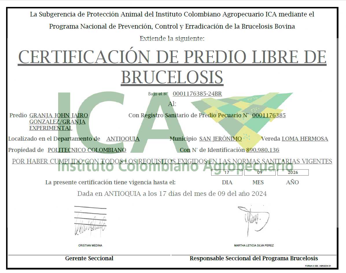 Certificado granja libre de brucelosis