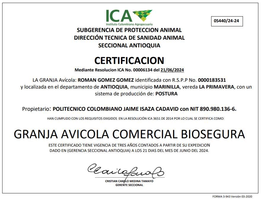 Certificado ICA Granja Biosegura de Postura